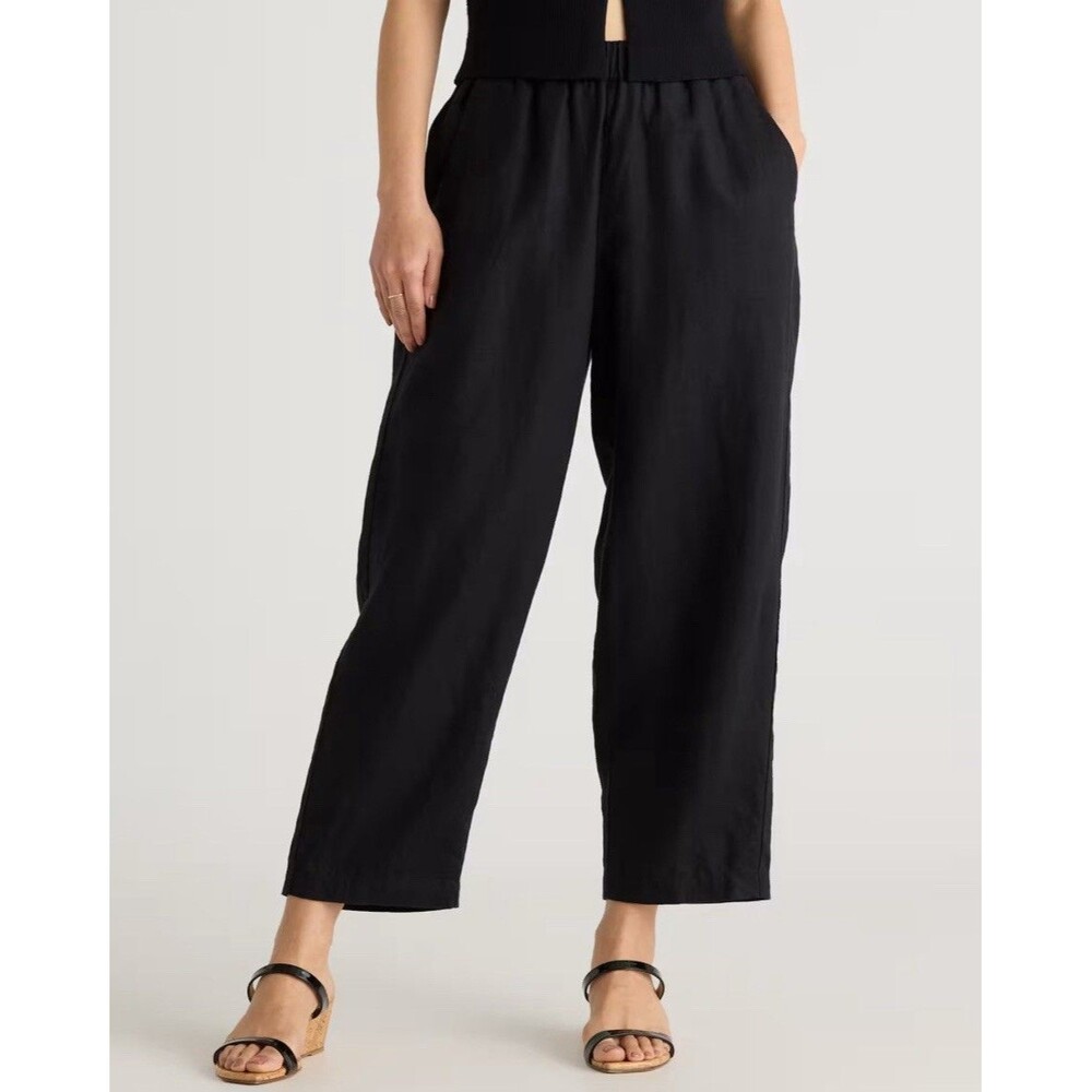 Quince Black Cropped Wide-Leg Linen Blend Pants